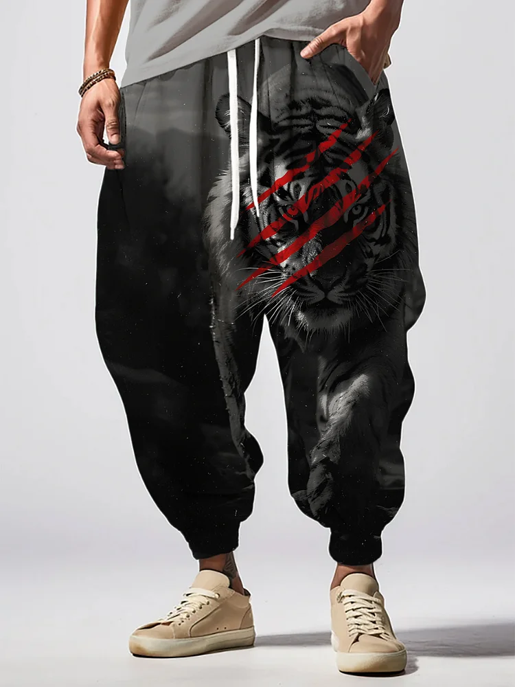 Men's Dark Ferocious Tiger Art Print Loose Drawstring Waist Sweatpants