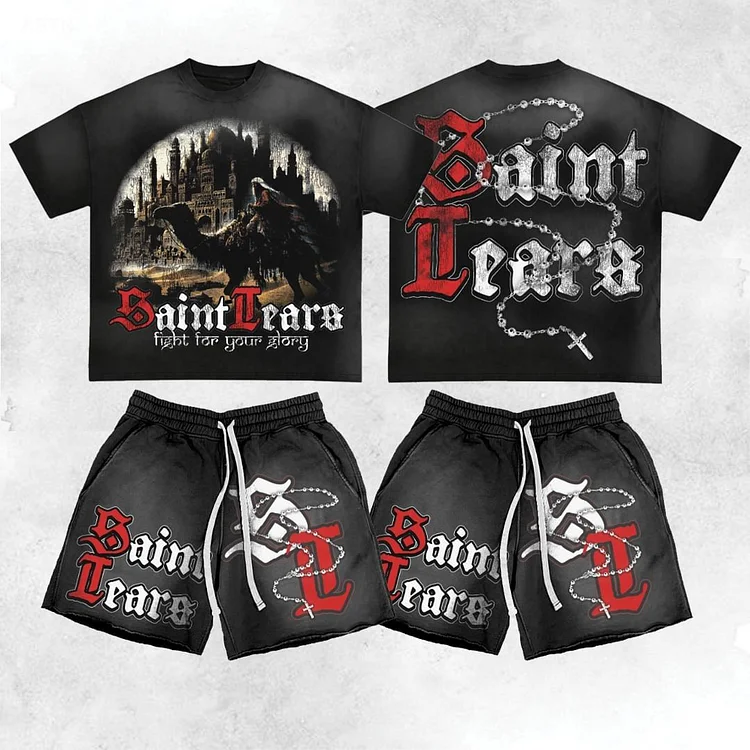 Vintage Saint Fight For Your Glory Tears Graphic T-Shirt And Shorts Matching Set