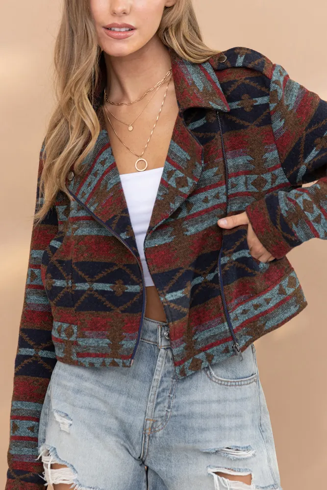 Aztec Print Lapel Pockets Short Jacket Coat