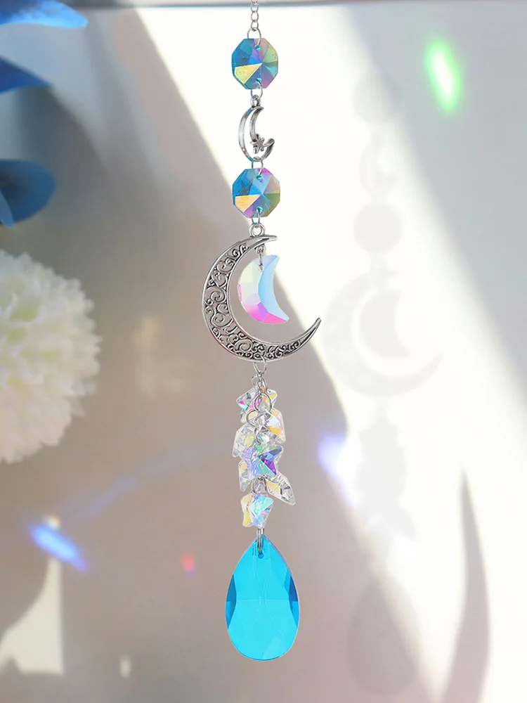 Crystal Diamond Wind Chimes Metal Hexagon Star Moon Hanging Ornaments Decor