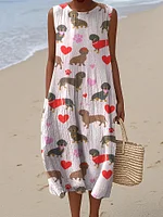 Vintage Cute Dachshund Art Print Linen Sleeveless Dress