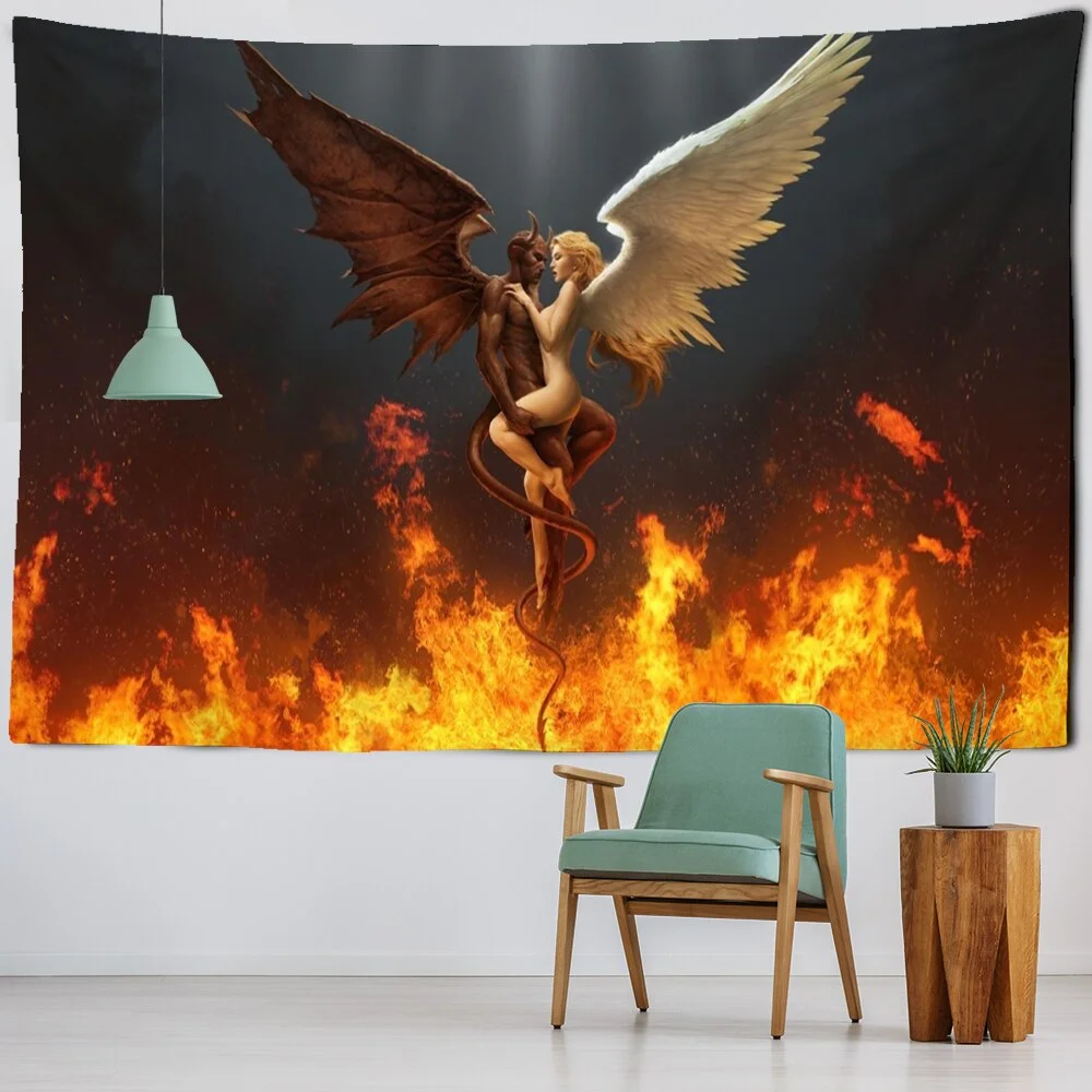 Angel Devil Tapestry Hell Wall Hanging Witchcraft Wall Tapestry Hippie Wall Carpets Dorm Decor Psychedelic Halloween Tapestry