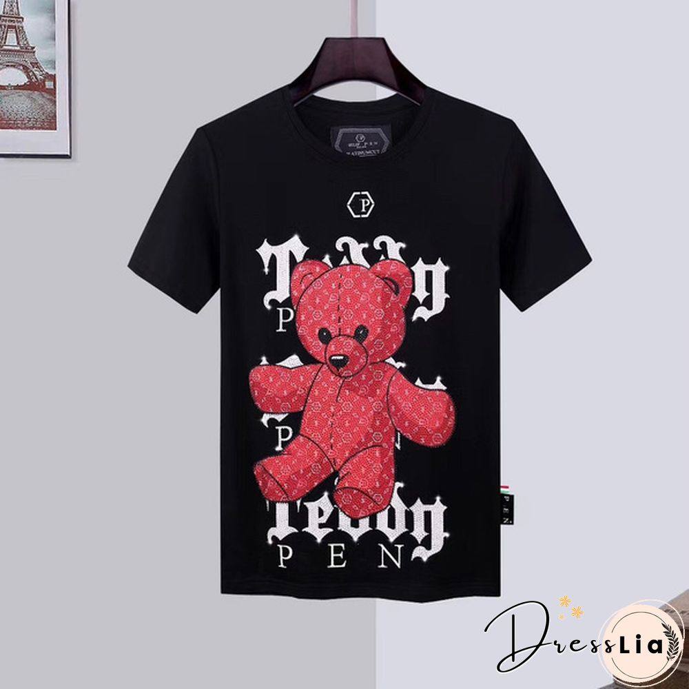Philipp Plein Men Cotton Round Neck T-Shirt Casual PP Rhinestone Bear Top