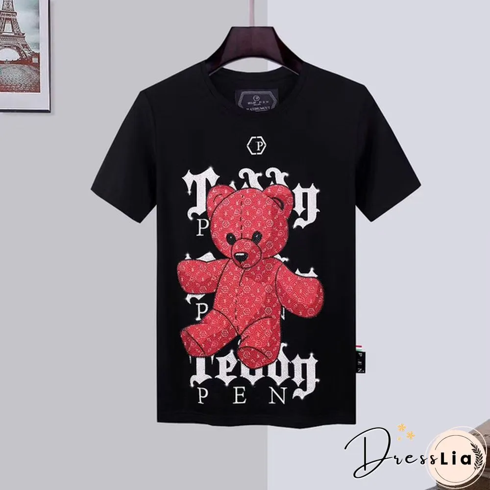 Philipp Plein Men Cotton Round Neck T-Shirt Casual PP Rhinestone Bear Top