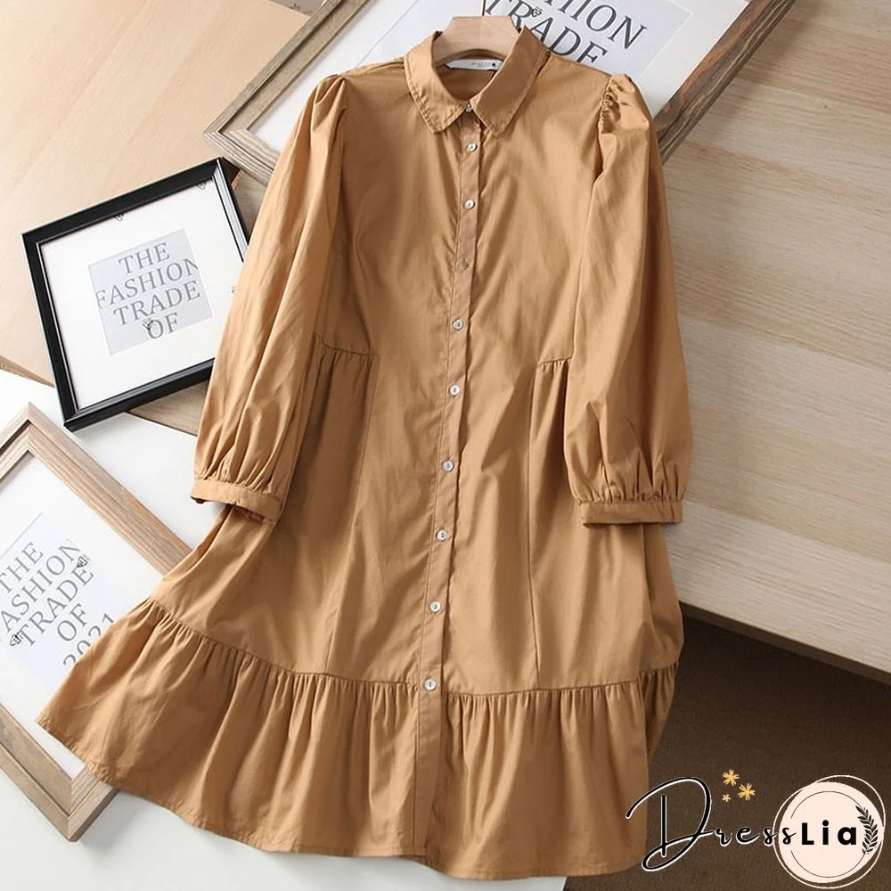 Spring Summer Women Vintage Shirt Dress Chic Button Solid A-Line Party Dresses Ladies Vestidos Ropa Mujer