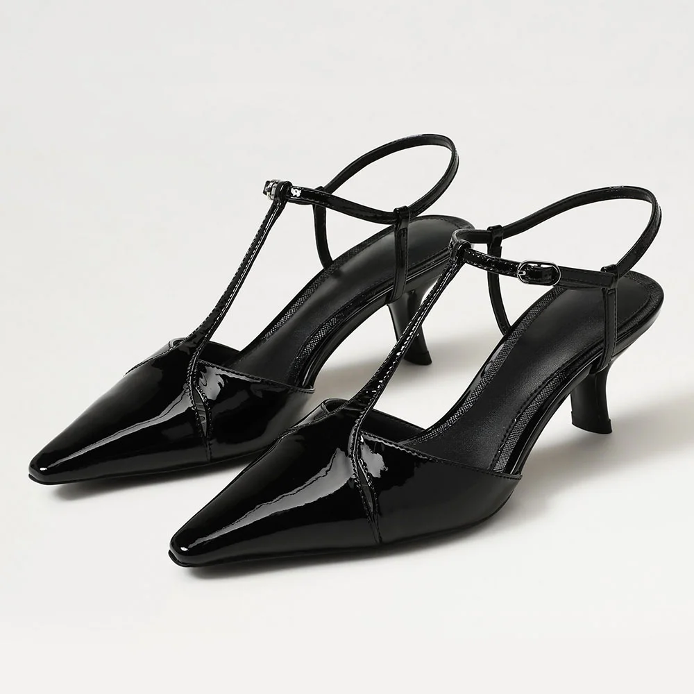 Patent Leather Pointed Toe T-Strap Chunky Heel Black Pumps with Buckle