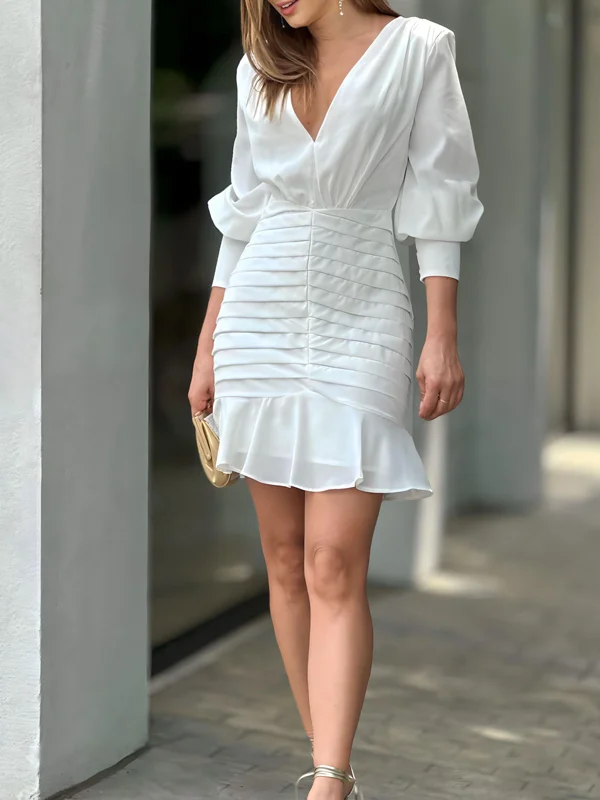 Plain Pleated Ruffled Long Sleeves V-Neck Mini Dresses