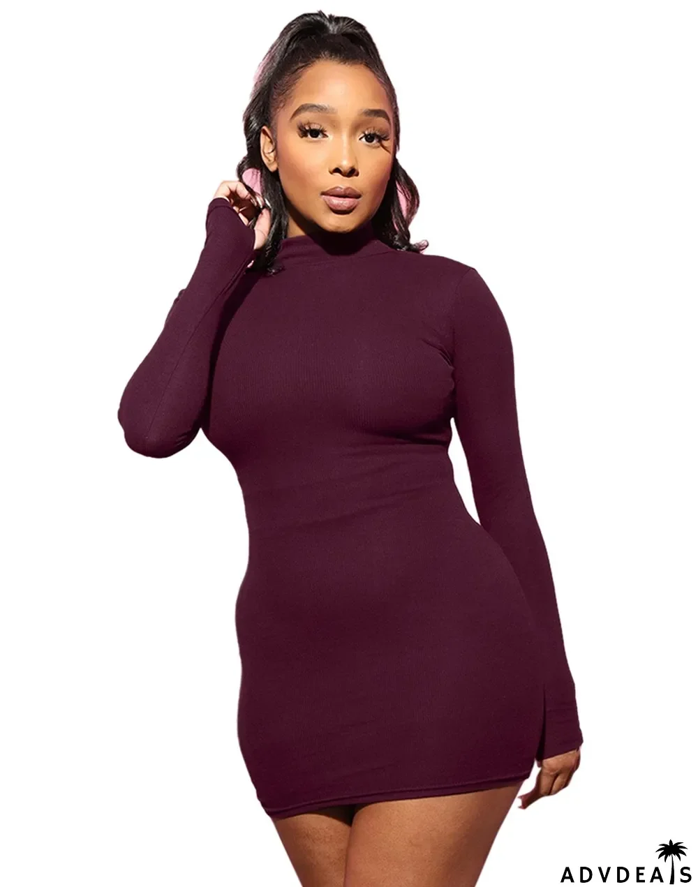 Autumn Solid Plain Turtleneck Mini Dress