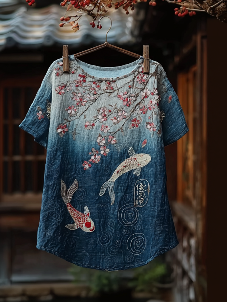 Japanese Art Koi And Cherry Blossom Pattern Design Casual Linen Short-sleeve T-shirt wearshes