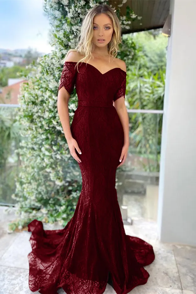 Elegant Burgundy Off-the-shoulder Mermaid Prom Dresses