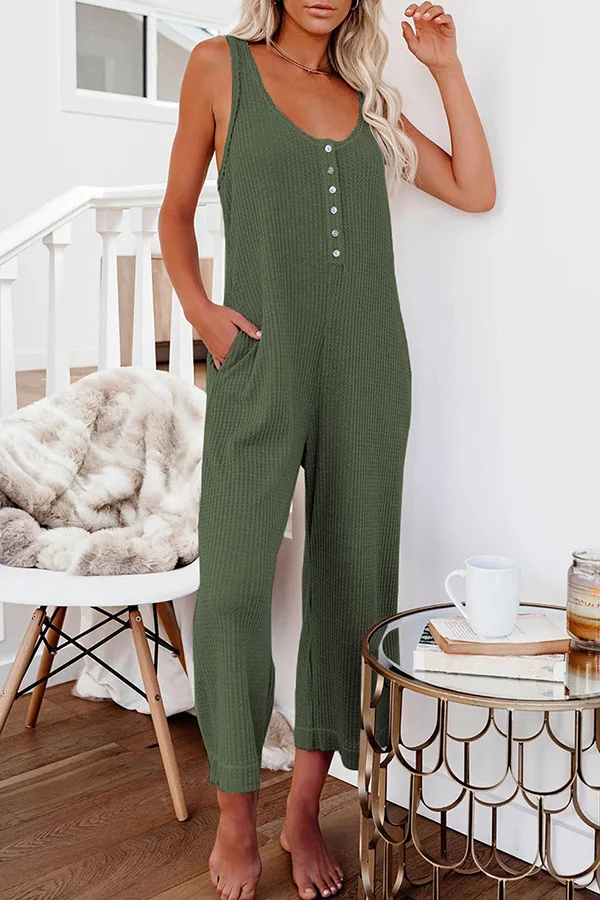 Women's Jumpsuits Sleeveless U-Neck Front Button Down Jumpsuit