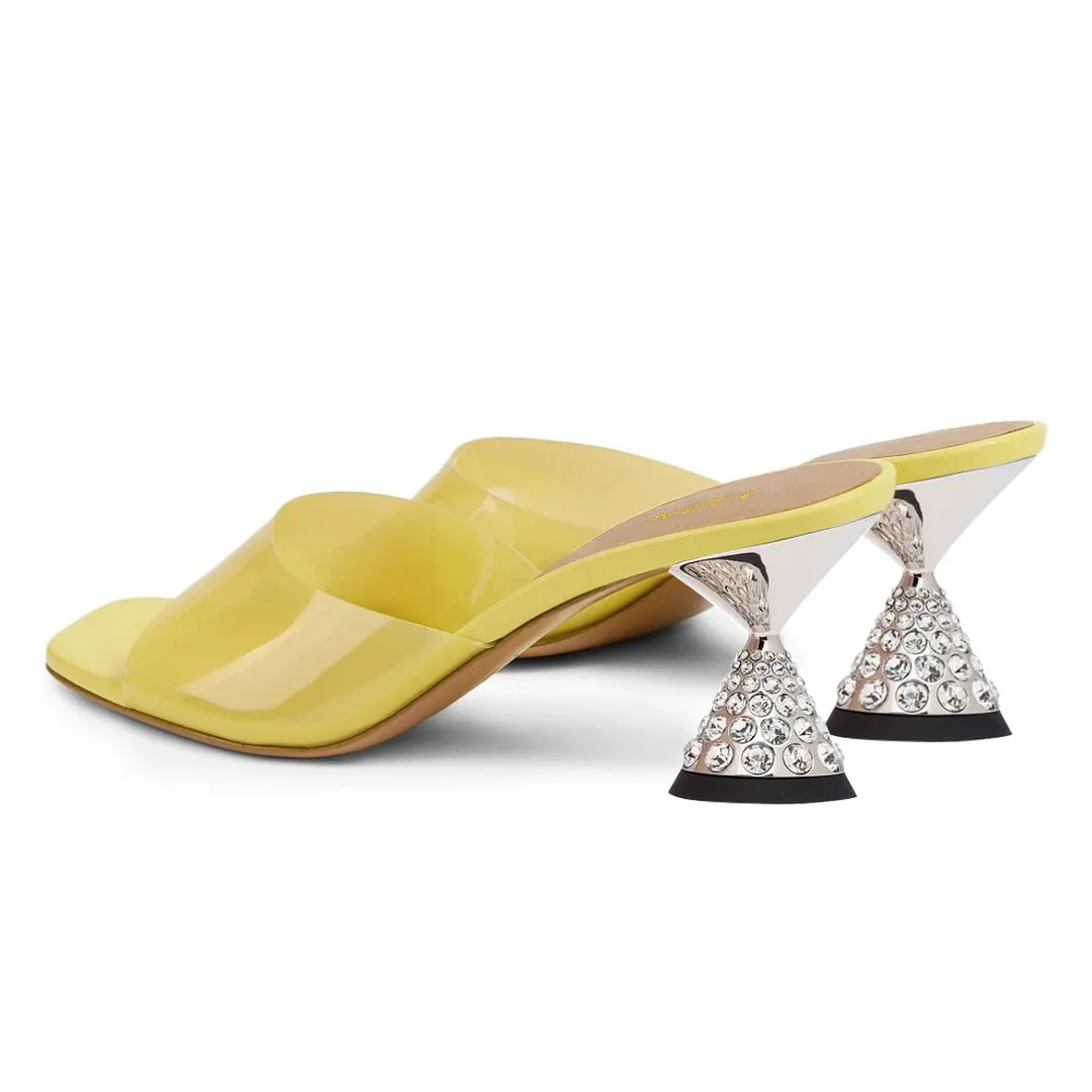 Fashion Yellow Sculptural Heel Clear Rhinestone Women's Mules Shoes