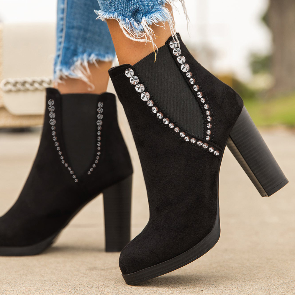 Black Vegan Suede Round Toe Rivets Chunky Heel Chelsea Boots Women Nicepairs
