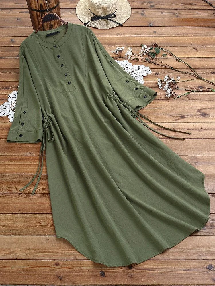 Women Scoop Neck Solid Color Long Sleever Dress