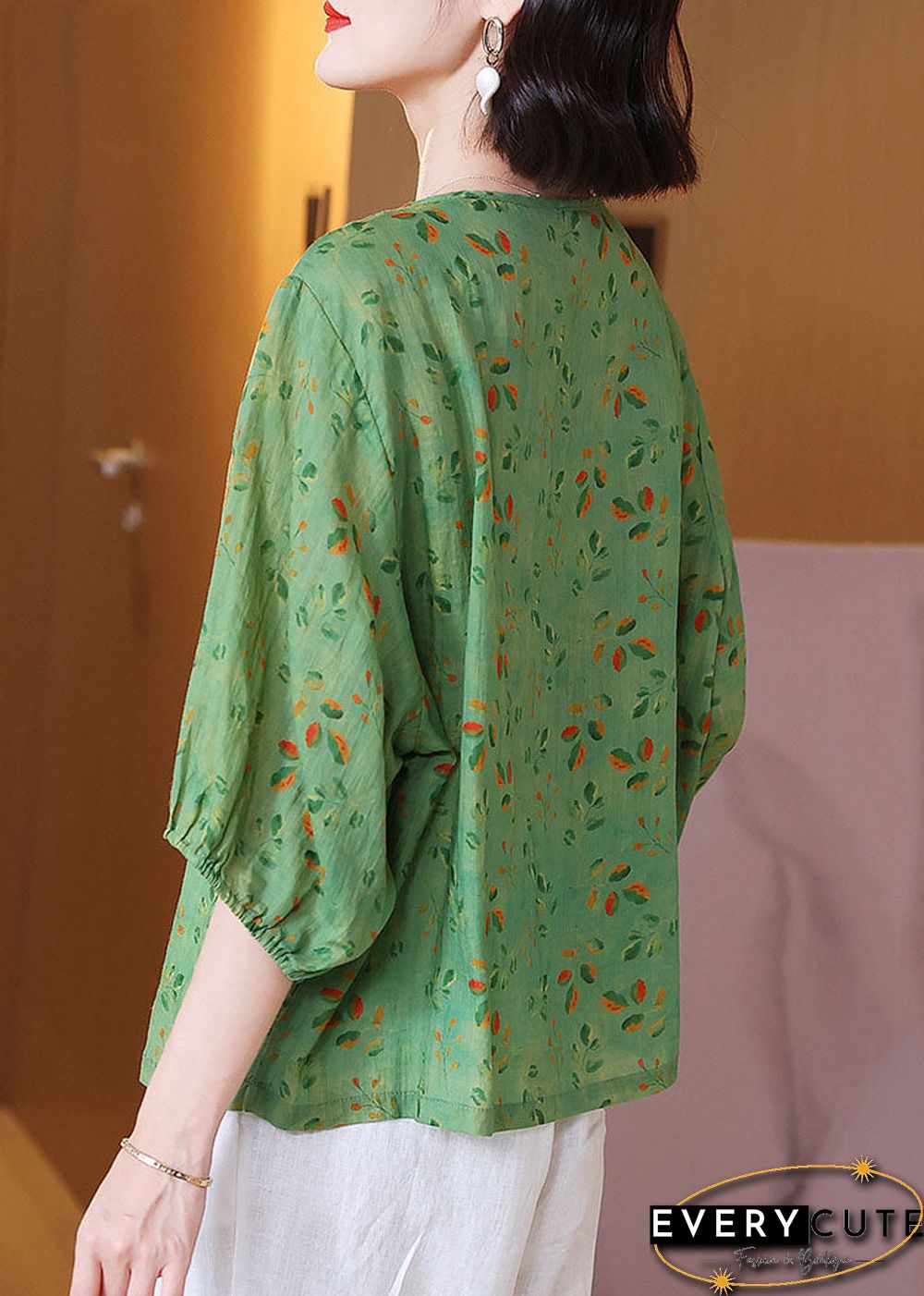 Chic Green O Neck Print Wrinkled Patchwork Linen T Shirt Tops Summer