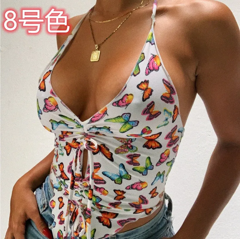 sexy blouse Brown Camis Ruched Tie Up Crop Top Y2K Harajuku Tank Top Backless Halter Cute Tee Top Women Party Beach Sweat New