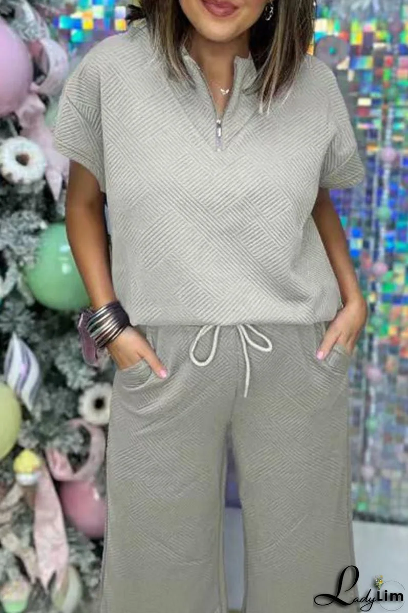 Casual Simplicity Solid Pocket Zipper Texture Turndown Collar Short Sleeve Two Pieces