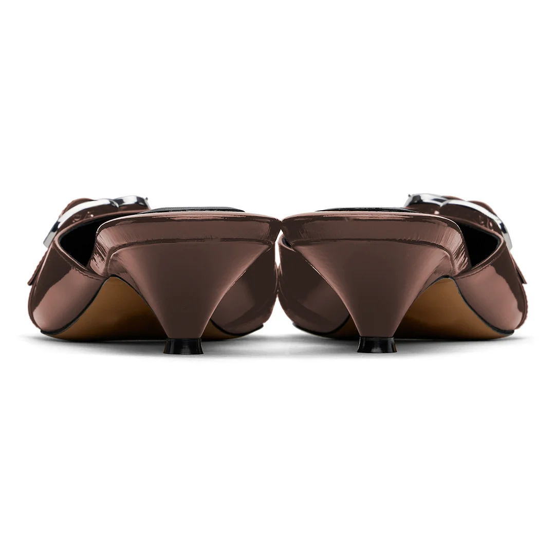 Brown Kitten Heel Buckle Strap Pointed Toe Mules for Women