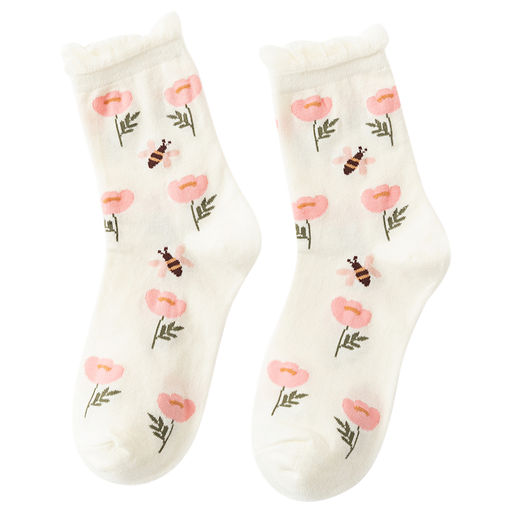 Korean Women Flower Print Sock Autumn Mid-Calf Socks Cotton Pile Heap Socks, 501 Original  - buy with discount