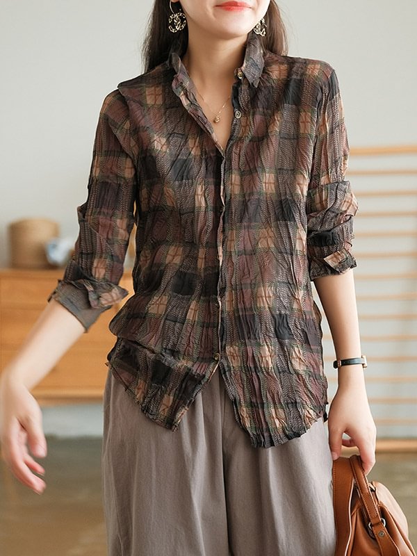 Vintage Long Sleeves Buttoned Plaid Printed Blouses Top