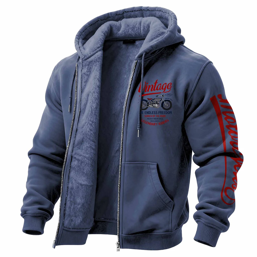 Men's Vintage Motorcycle Fleece Pocket Full Zip Long Sleeve Hoodie Jacket