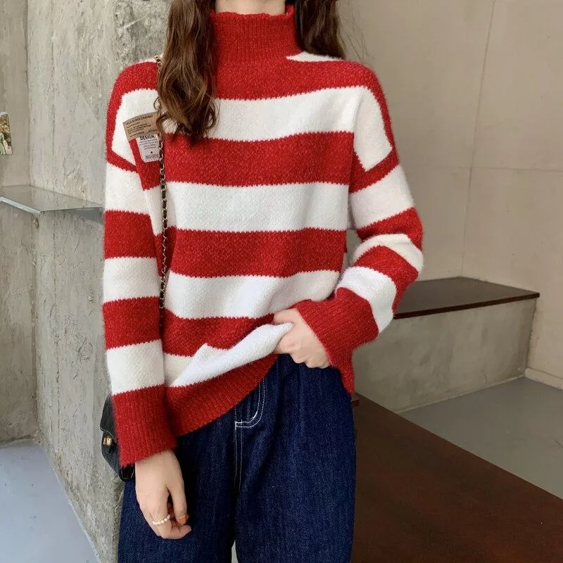 Autumn And Winter Color Matching Striped Women'S Sweater Loose Style Sweater Knitted Casual Top Pullover