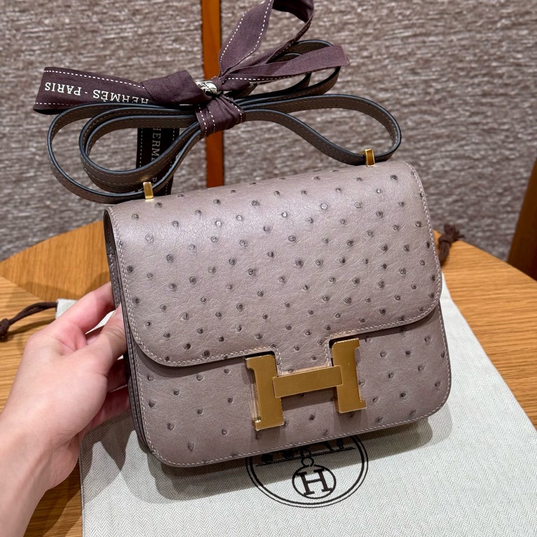 Hermes Constance Ostrich Bag 19cm in Grey Gold Hardware