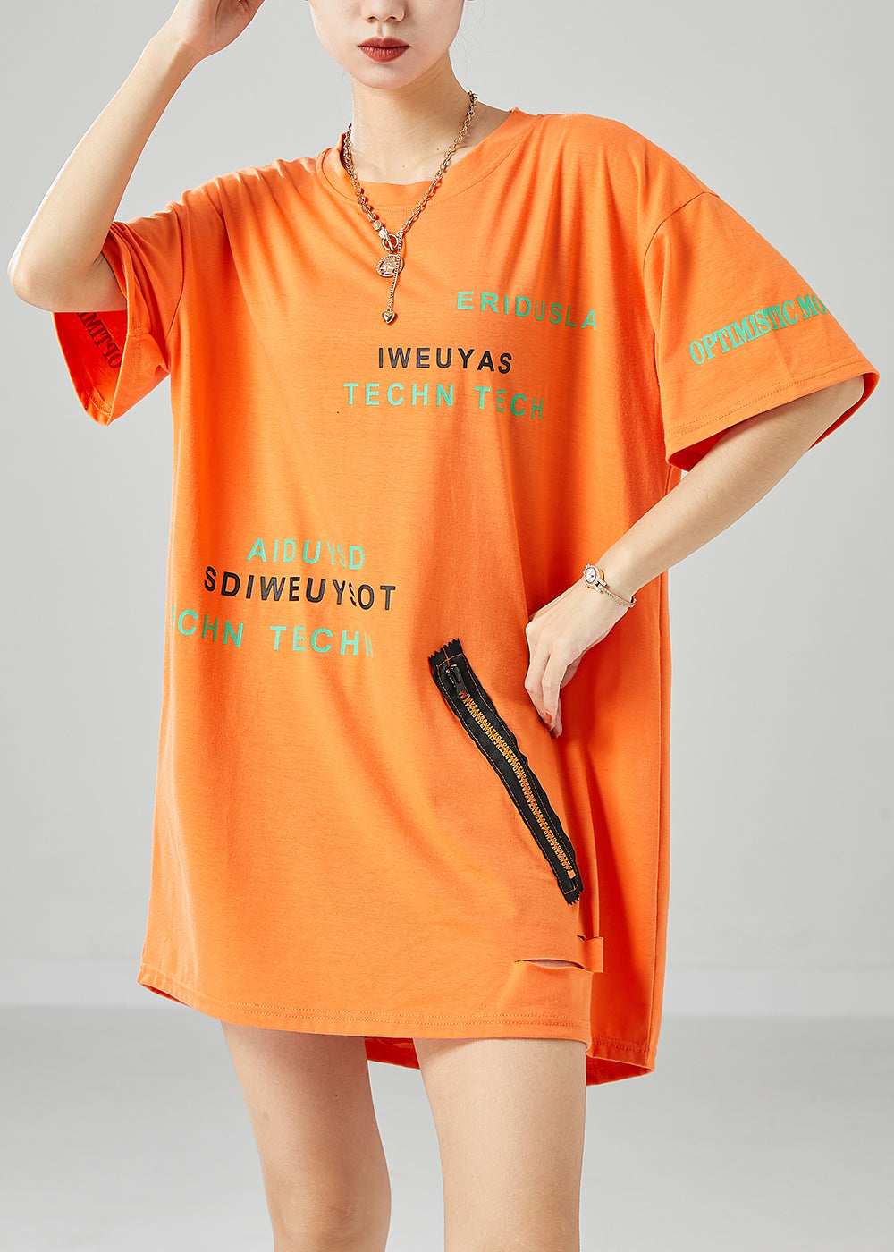 VCSHOES Orange Zip Up Letter Print Cotton Ripped Tank Summer