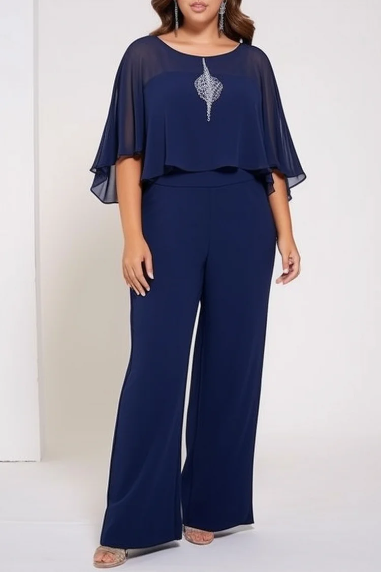 Flycurvy Plus Size Mother Of The Bride Navy Blue Geo Print See-through Cape Sleeve Round Neck Jumpsuit  Flycurvy [product_label]