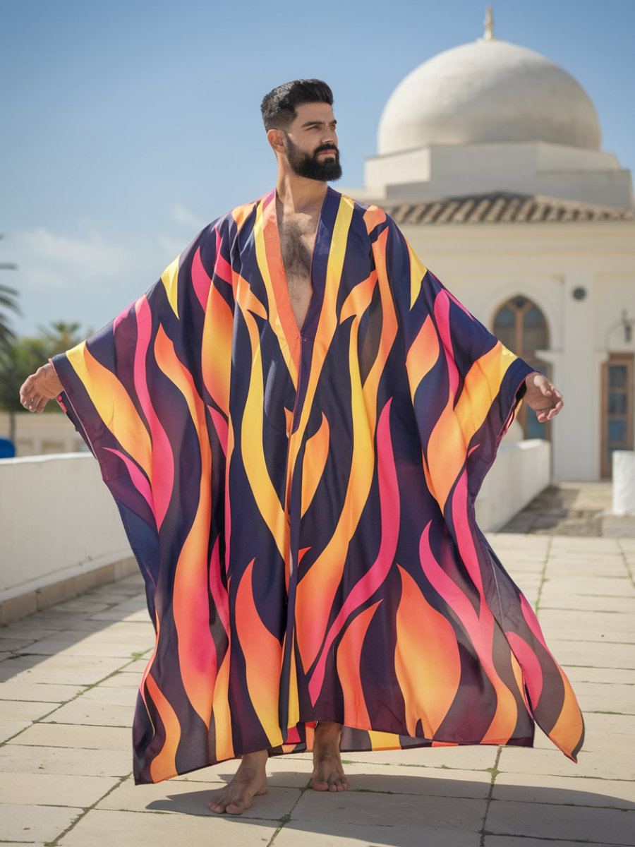 Men's Red Flame Polyester V Neck Robe
