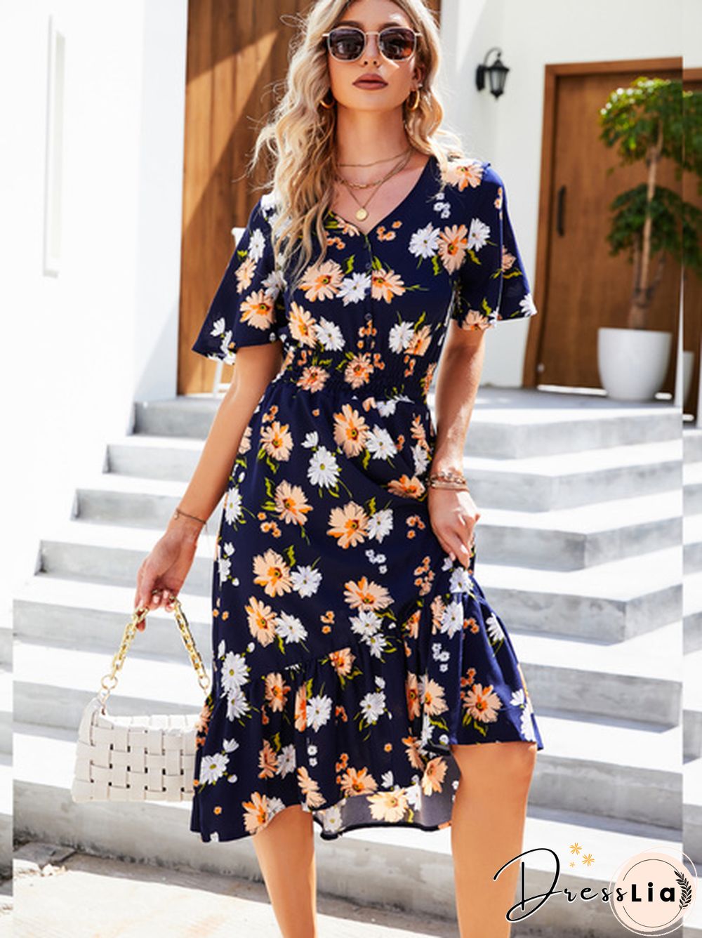 Disty Floral Smocked Elastic Waist Ruffle Hem Dress