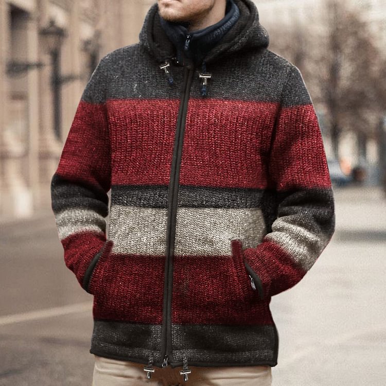 Color Block Pocket Hooded Standard Casual Men's Sweater