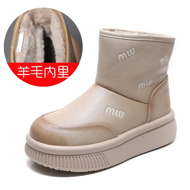 Yyvonne Cow Skin Thick Bottom Plus Velvet Warm Lamb Velvet Snow Boots Women's Shoes Winter New Retro Boots Age-Old Cotton Shoes
