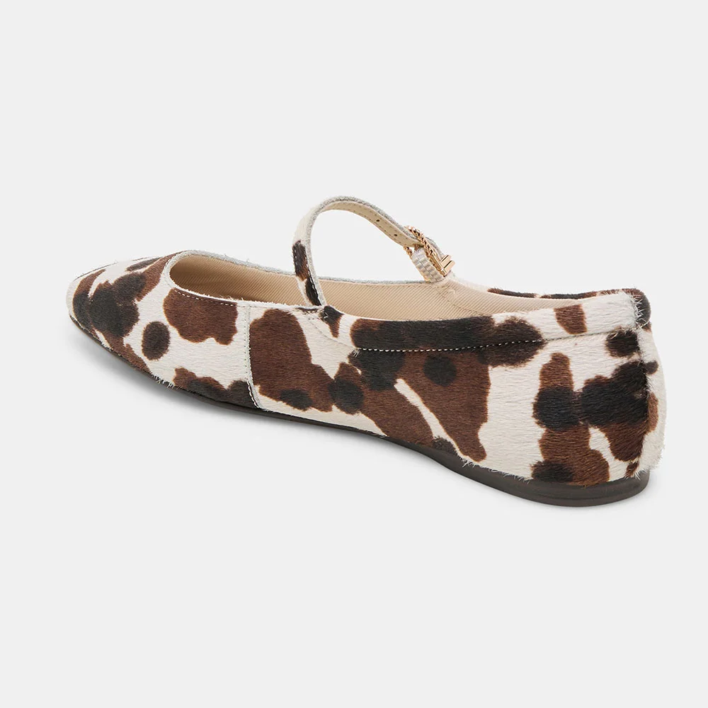YDN Brown & White Square Toe Cow Print Flats with Buckle Strap