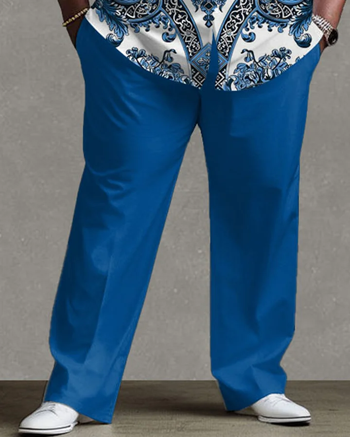 Men's Plus Size Daily Casual Retro Color Matching Pattern Long Sleeve Shirt Trousers Suit