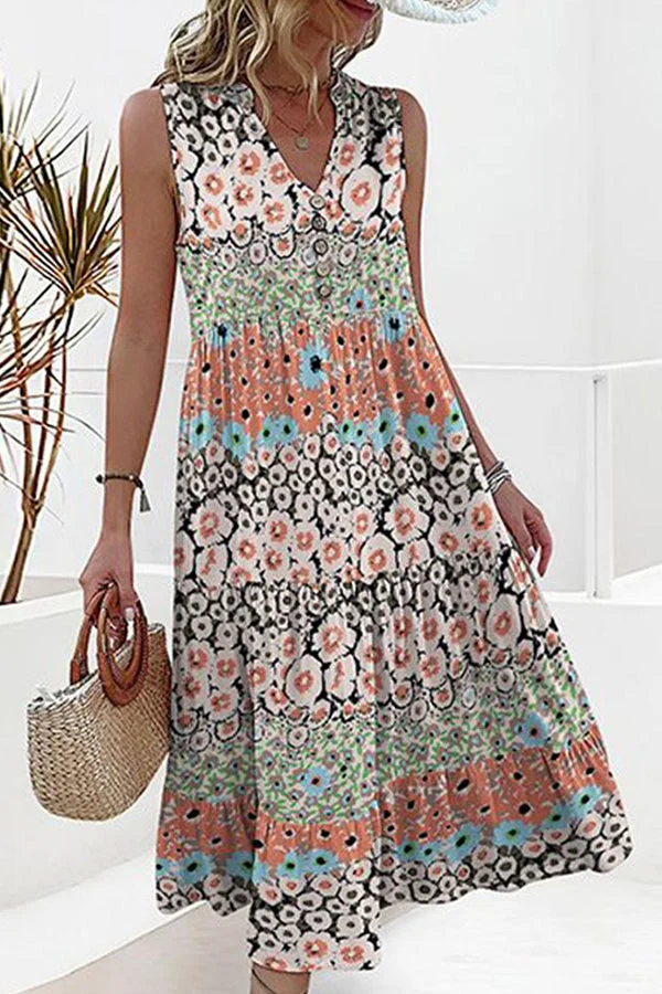 Unique Floral Print Sleeveless Midi Dress