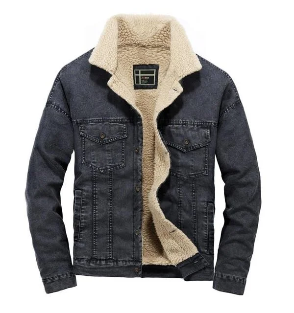 Men's Winter Wool Fleece Denim Jacket Warm Single Breasted Slim Fur Collar Couple Thick Jacket