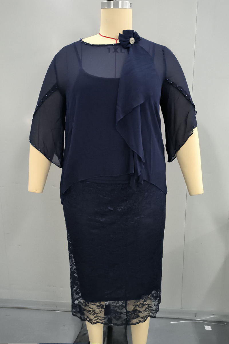 Plus Size Chiffon Mesh Embroidery 3/4 Sleeve Layered Midi Dresses 2024 - Flycurvy 