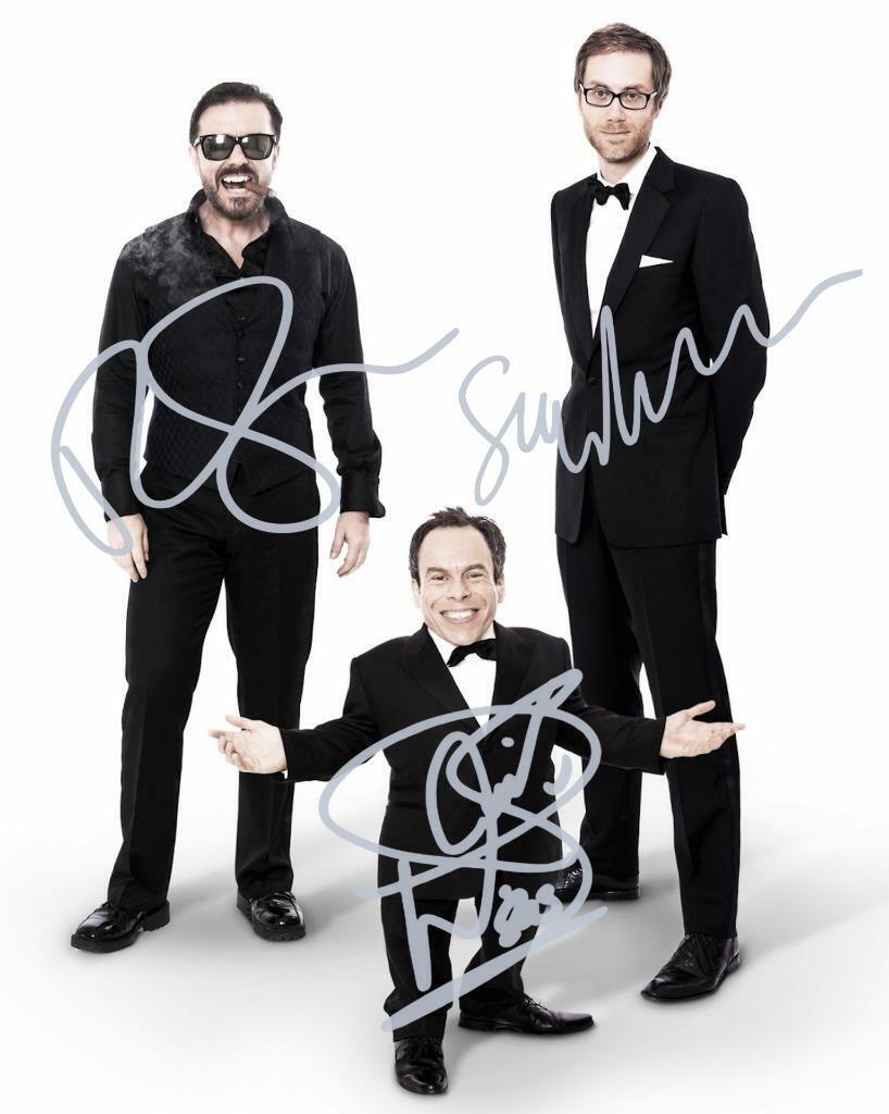 Ricky Gervais,Stephen Merchant,Warwick Davis SIGNED 10 X 8