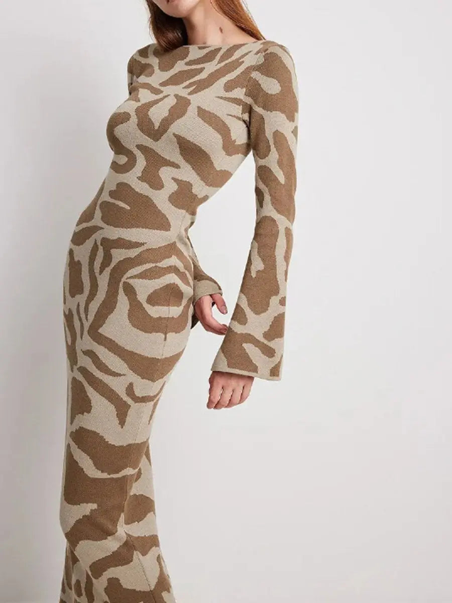 Round Neck Flounce Sleeve Leopard Print Midi Dress