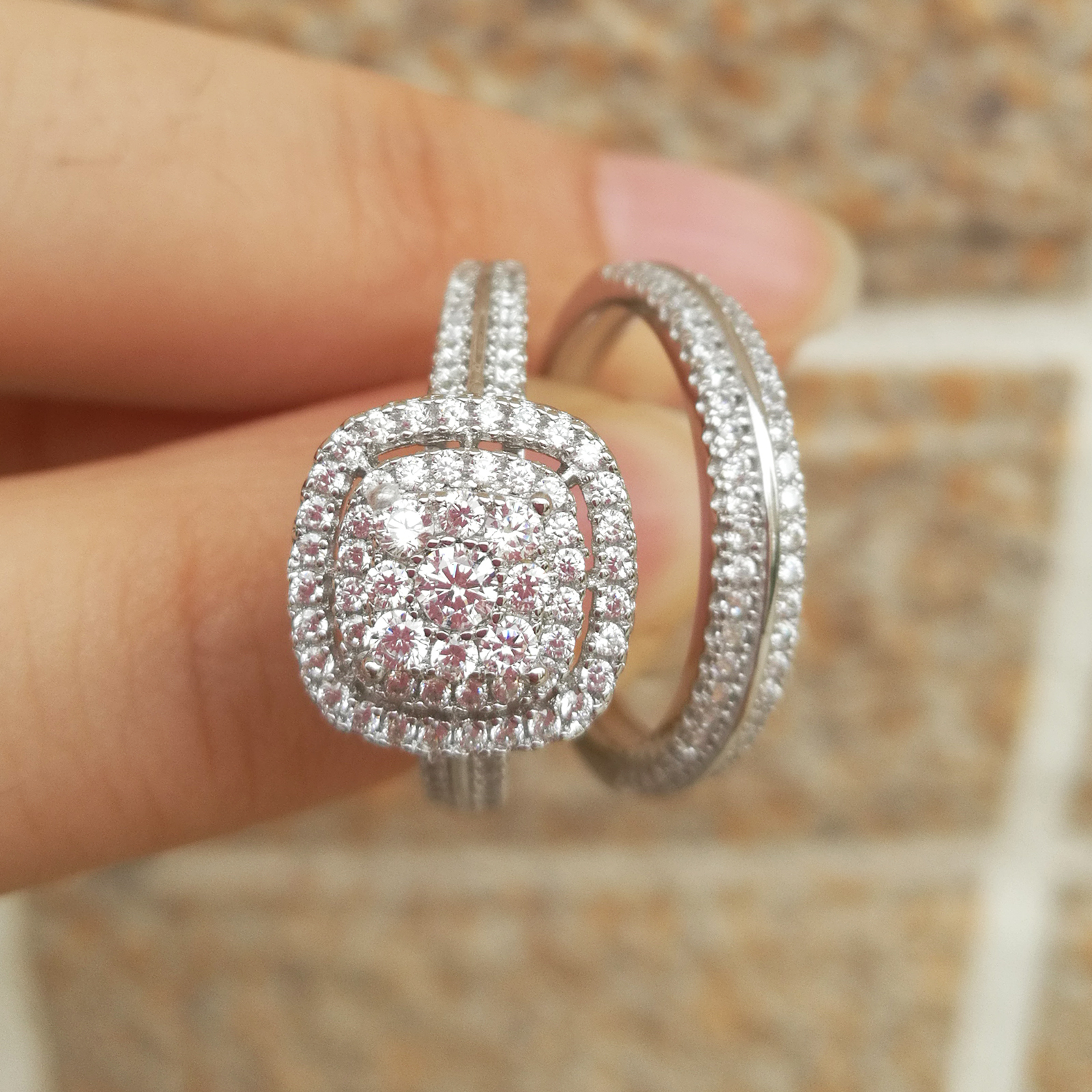  2Pcs Wedding Rings for Women Solid 925 Sterling Silver Engagement Moissanite Ring Bridal Set 1.6Ct Halo Round Cut 