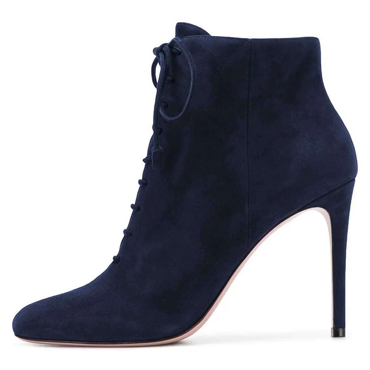 Bottes pointues à talons aiguilles en daim bleu marine avec lacets Flusfy