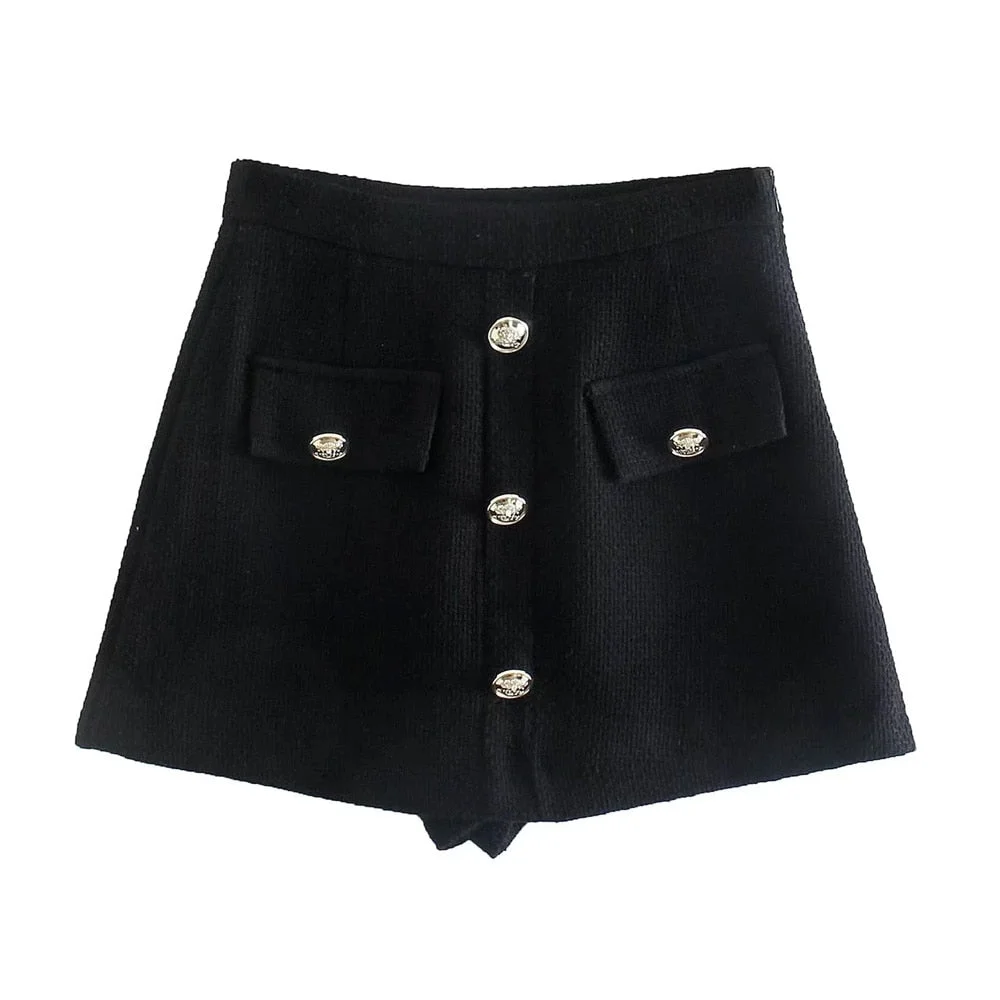 TRAF Women Fashion Decorative Buttons Tweed Shorts Skirts Vintage High Waist Side Zipper Female Skort Mujer