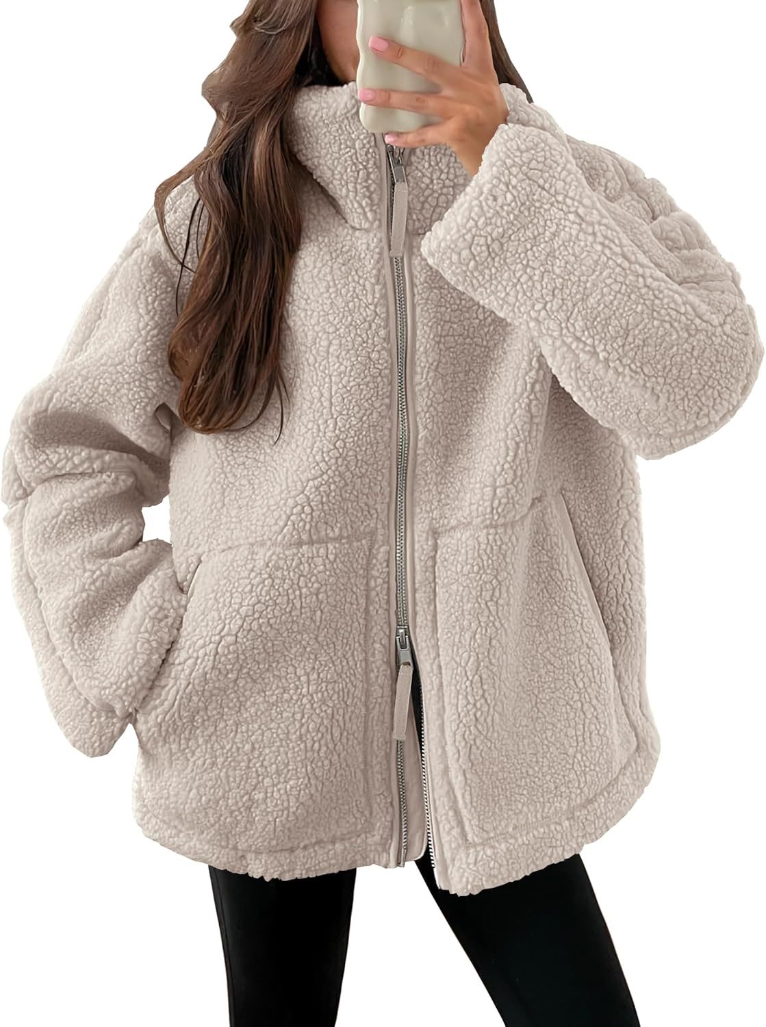 Mature Women Winter Casual Fashion Solid Lapel Zip-up Coat With Pockets Fleece Jacket