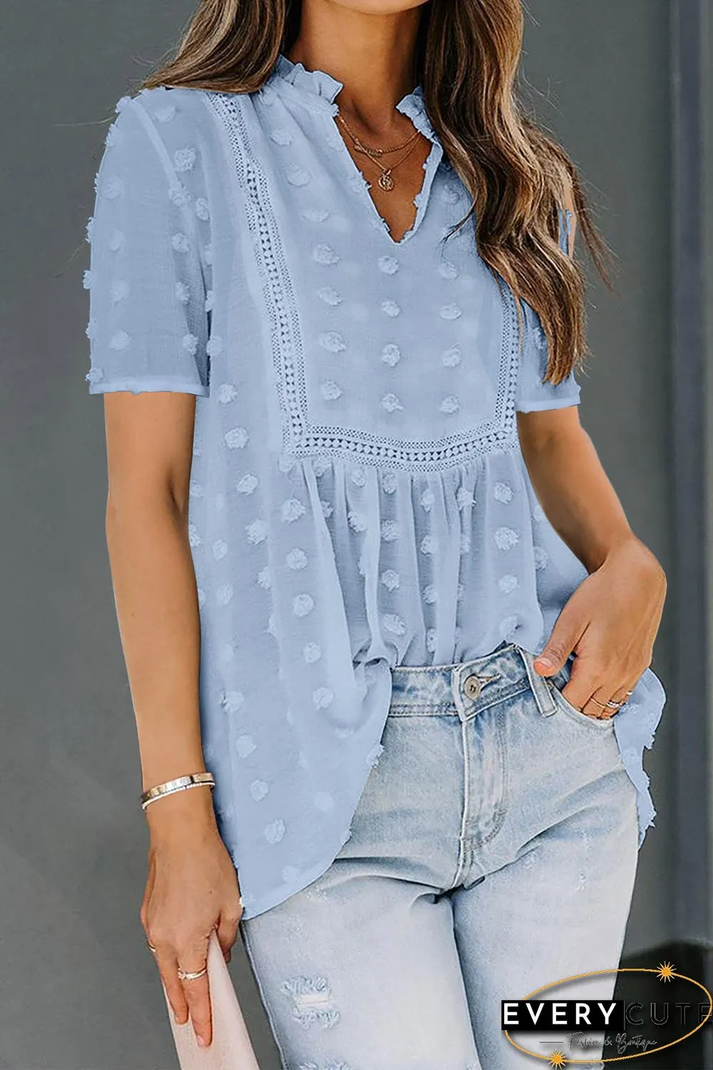 Sky Blue Swiss Dot Short Sleeve Flowy Top