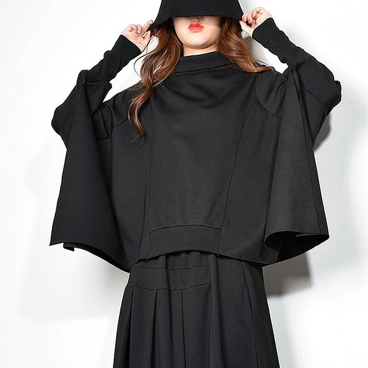 Harajuku Turtleneck Batwing Sleeve Top And Irregular Pleated Patchwork Skirt Two Pieces Set         