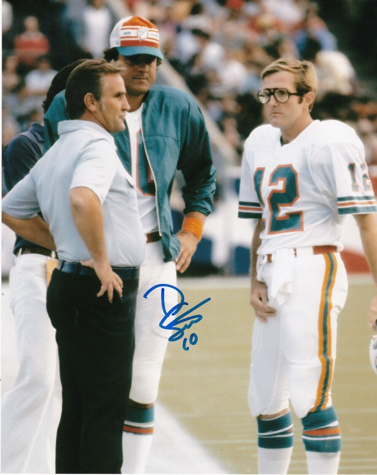 DON STROCK MIAMI DOLPHINS W/ GRIESE & SHULA ACTION SIGNED 8x10