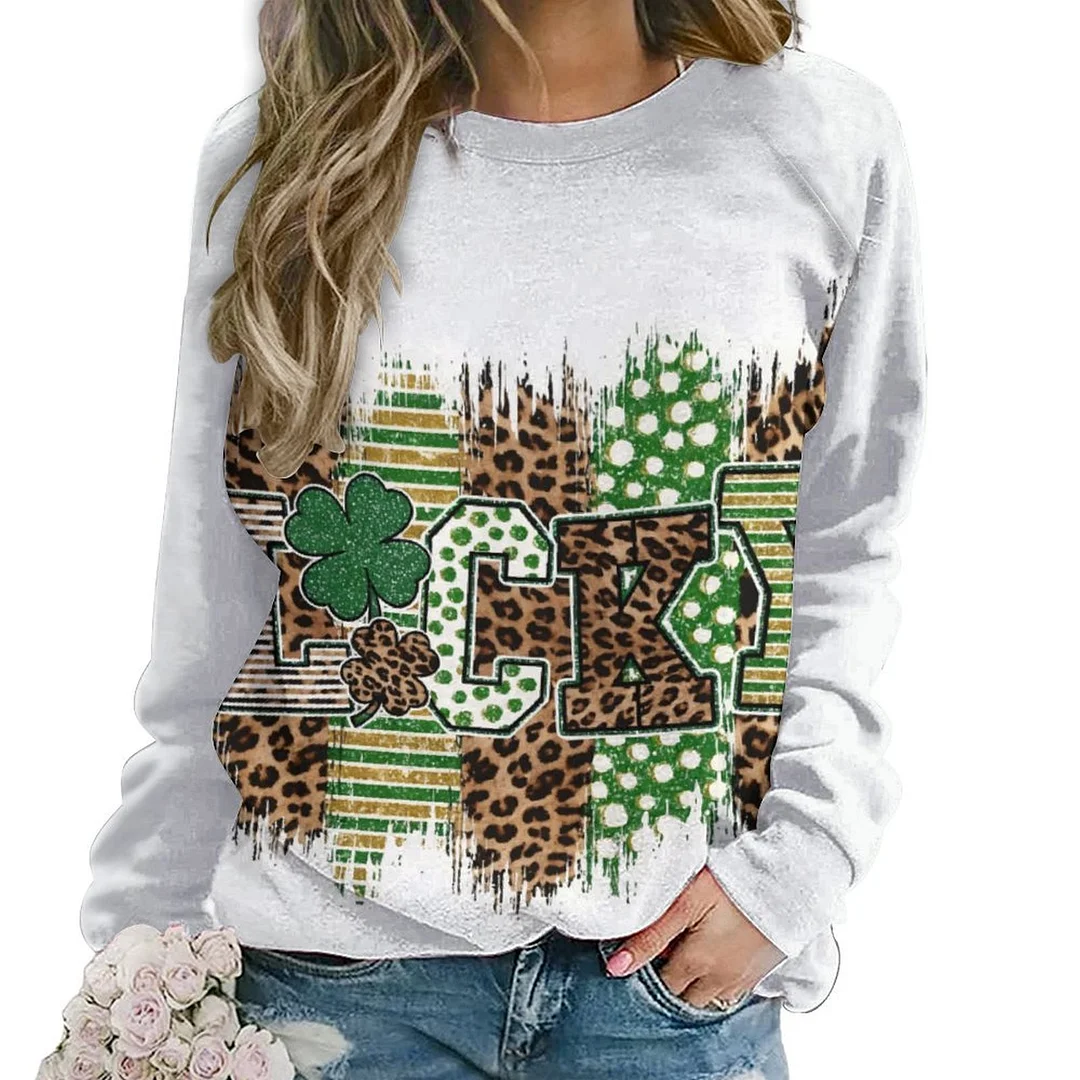 Printed Long Sleeve Casual Sweatshirt for  Women and Men Unisex Pattern St. Patrick's Day, Green, Clover, Lucky
