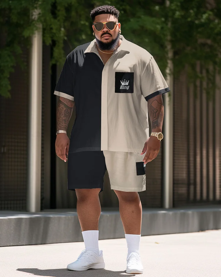 Men's Large Size Casual Color Matching Simple Retro Street Short Shirt Shorts Suit