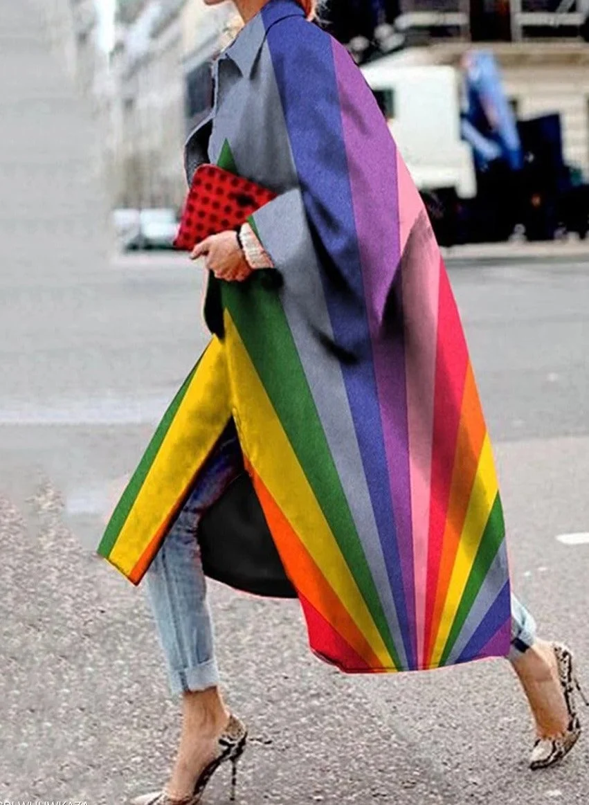 Long Flared Sleeve Printed Loose Coat